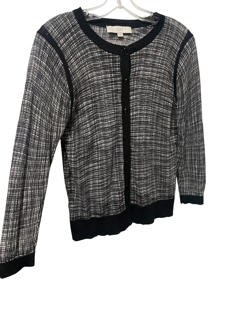 Ann Taylor Loft Black Ivory Mod Plaid Lightweight Cardigan Sweater SZ M preppy